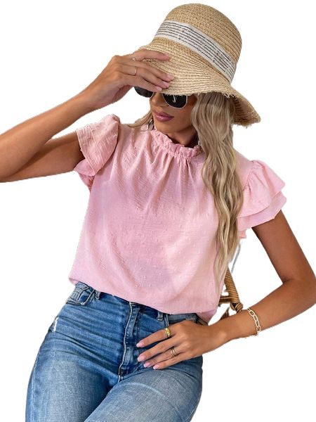 

swiss dot frilled neck butterfly sleeve blouse q7tf#, White