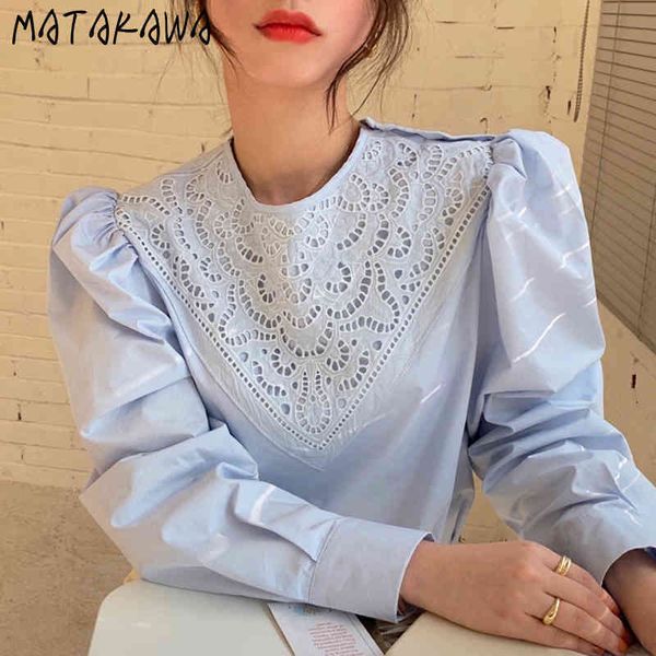 

korean chic spring heavy industry lace blusas crochet welt design blouse women loose puff sleeve ladies shirt 210506, White