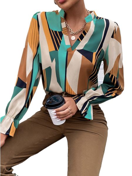 

geo and striped print flounce sleeve blouse 98bu#, White