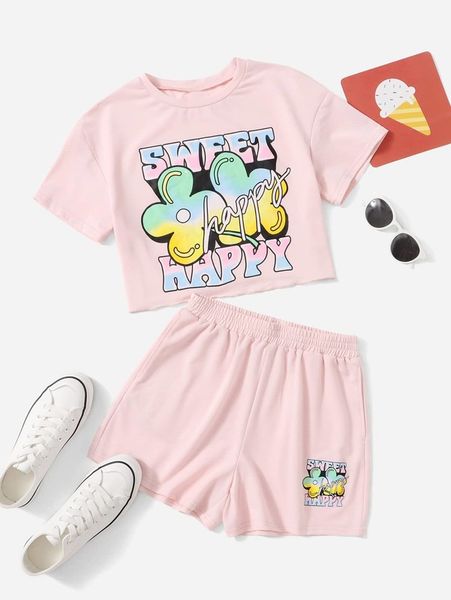

sheen teen girl alphabet and floral print t-shirt and shorts set she, White