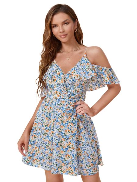 

d.itsy f.loral print c.old s.houlder r.uffle trim b.elted d.ress d7jq#, Black;gray