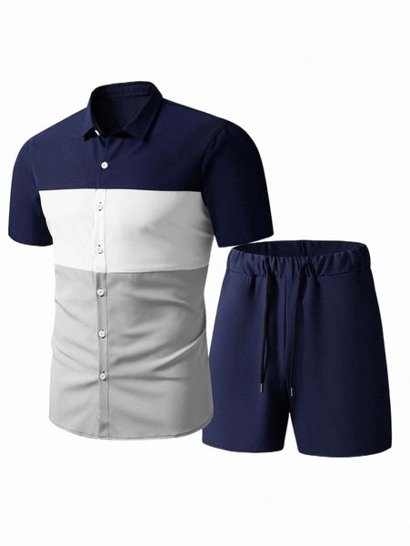 

men colorblock shirt & drawstring waist shorts s3it#, Gray