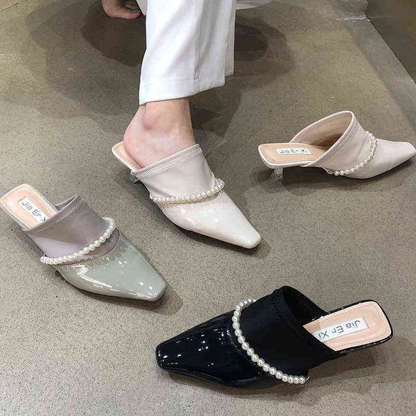 

slippers 2022 new ladies thin heels mules fashion pointed toe string bead chain shoes female casual outdoor slides women pumps 220518, Black