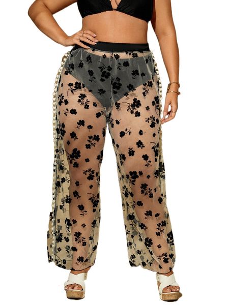 

plus plant print cover up pants l03l#, Black