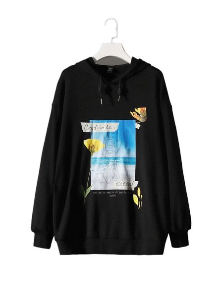 

x mikaeldesign drop shoulder letter & figure graphic hoodie u66f#, Black