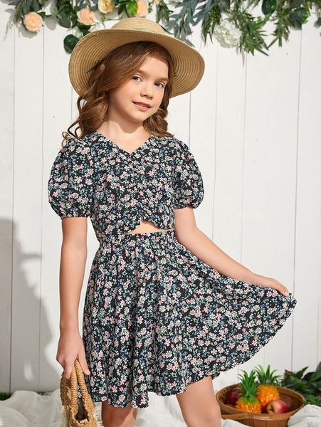 

girls v-neck ditsy floral print puff sleeve crop & skirt she, White