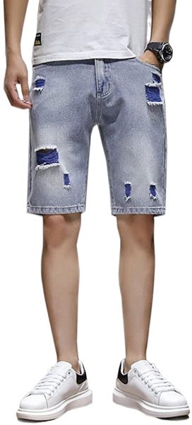 

men colored patch ripped denim shorts slim fit straight leg distressed biker half jeans a2vs#, White;black