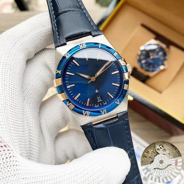 

men's 39mm watch automatic mechanical miyota movement gold ring mouth genuine leather strap business wristwatch montre de luxe, Slivery;brown