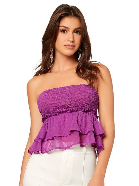 

swiss dot shirred ruffle hem chiffon tube f5us#, White