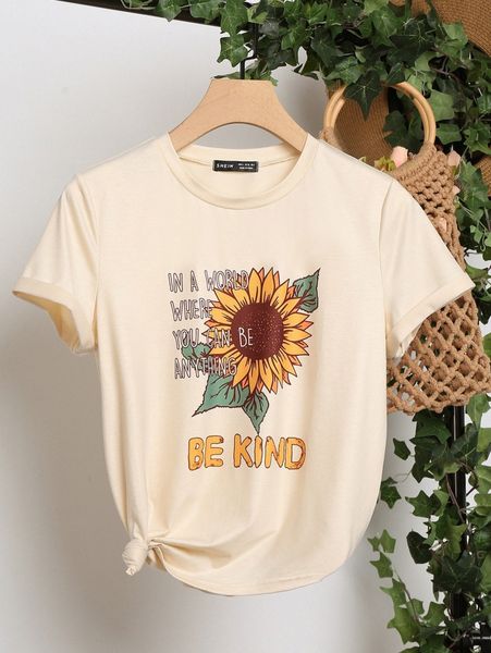 

sunflower and slogan graphic tee t02y#, White