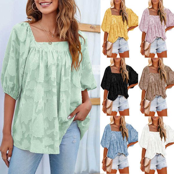 

women's 2022 summer new chiffon flower hollowed out five sleeve doll shirt, White