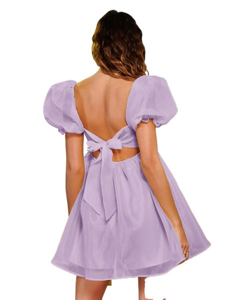 

tie backless guipure lace trim organza dress m5p2#, Black;gray