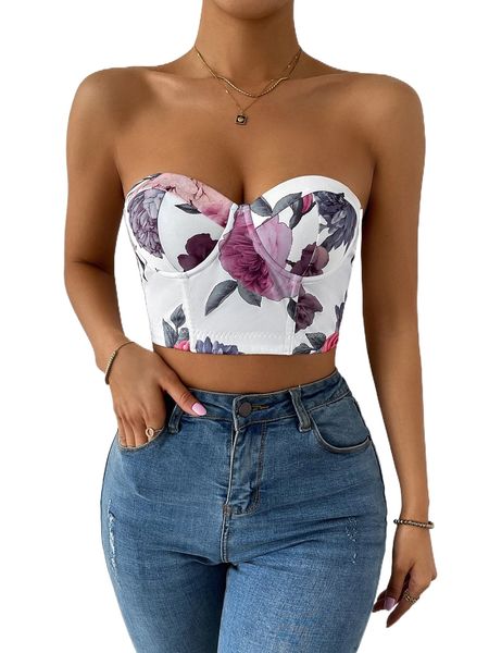 

f.loral print c.rop tube t.op h4je#, White