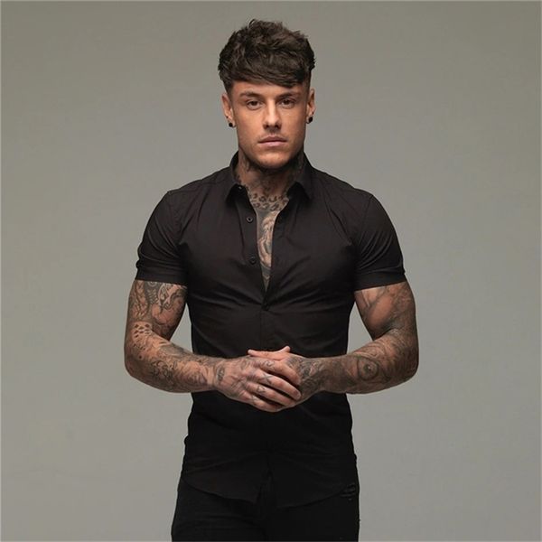 

summer fashion slim fit button short sleeve shirts men casual sportswear dress shirt male hipster shirts fitness clothing 220712, White;black