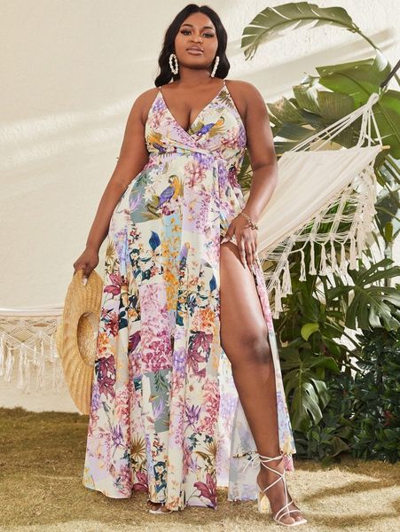 

sxy plus allover floral print backless split thigh dress l5ot#, Black