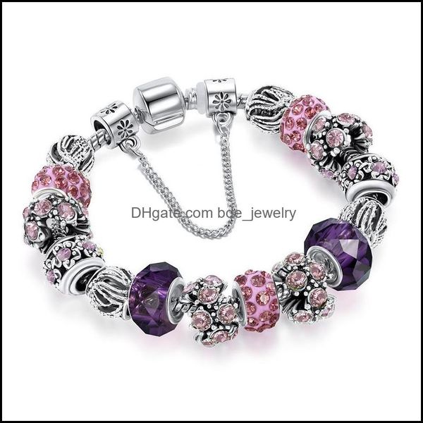 

18 19 20 cm charm bracelet 925 sier plated bracelets royal crown accessories purple crystal bead diy wedding jewelry with box drop delivery, Golden;silver