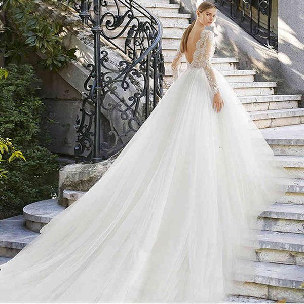 

ball gown wedding dresses long sleeved light wedding dress mori series bride simple backless travel pography small drag lace tail is thin, White