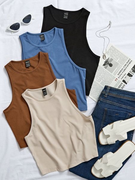 

4pcs rib knit solid tank h8j9#, White