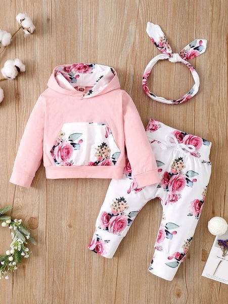 

toddler girl floral print hoodie with pants & headband she, White