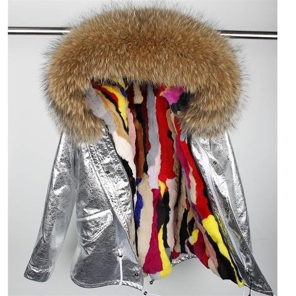 

natural rabbit fur lined parka coat women winter jacket natural raccoon fur collar parkas 201103, Black