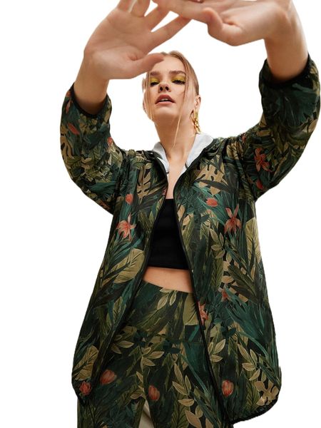 

x mireia tropical print zipper front jacket e5pe#, Black;brown