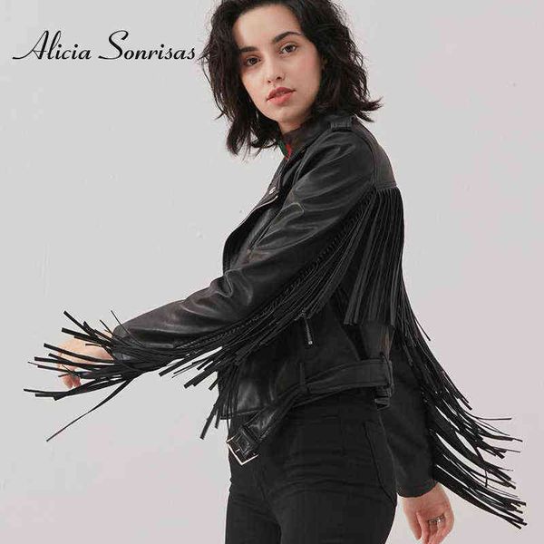 

autumn new leather fringed jacket women's tassel spring pu leather coat short slim fit waist motorcycle fashion fringed jacket l220728, Black
