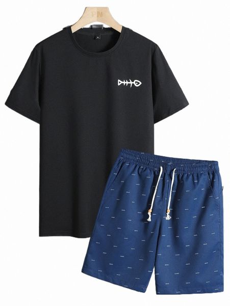 

men fish bone print tee & drawstring waist shorts z2pm#, Gray