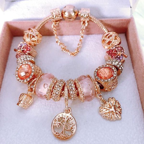 

rose strand gold crystal charm bracelets for women with pink leaves, Black