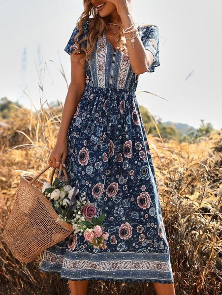 

floral print fake button flutter sleeve dress w0qj#, Black;gray