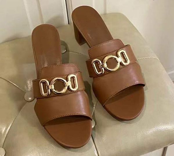 

designer women's shoes slippers leather metal buckle simple middle heel women's sandals, Black