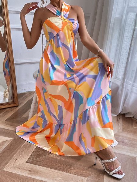 

allover print ruffle hem halter dress i1dq#, Black;gray