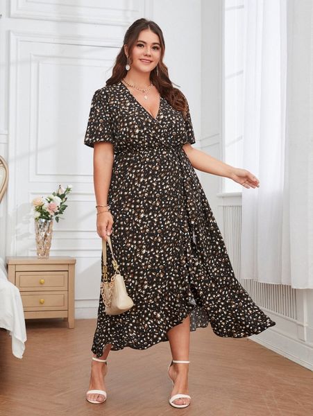 

plus allover print overlap collar ruffle trim dress q5w3#, Black