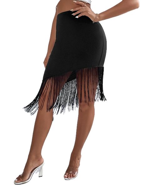 

fringe trim asymmetrical hem skirt i7g0#, Black