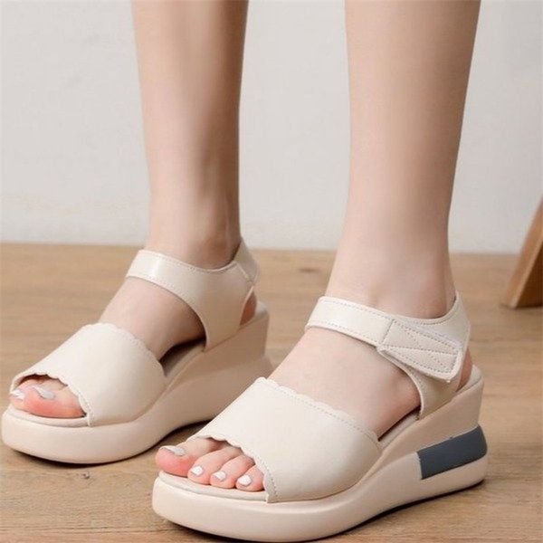 

summer sandals women wedge shoes pu leather buckle strap casual lady solid color open toe high heels sandalias mujer plus size 220608, Black