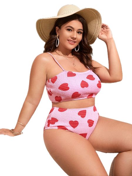 

plus heart print smocked bikini swimsuit s0u7#, White;black