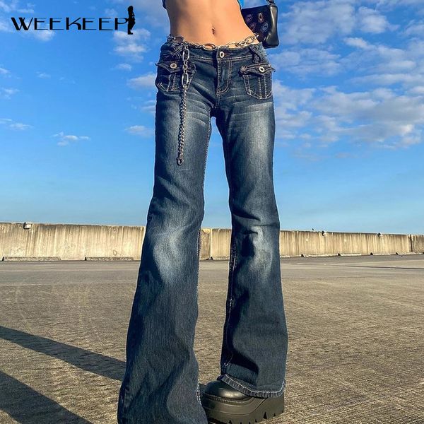 Weekeep Low Rise Women Denim Stiefel Schnitt Jeans Baggy Taschen Patchwork Flared Cargo Hosen lässig Streetwear Korean Modehose 220813