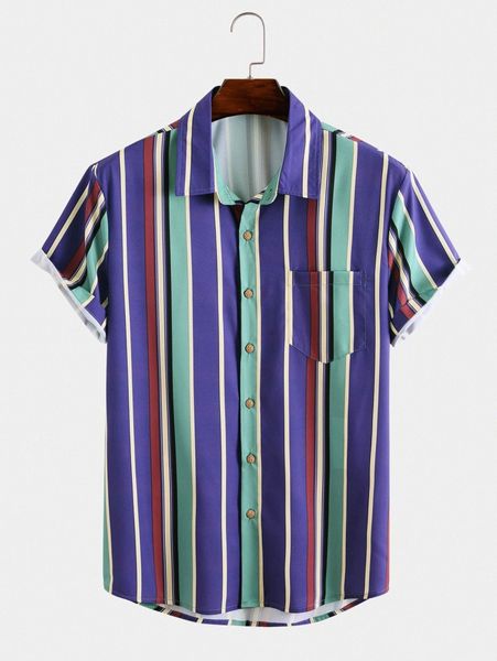 

men random vertical striped patched pocket shirt l10i#, White;black