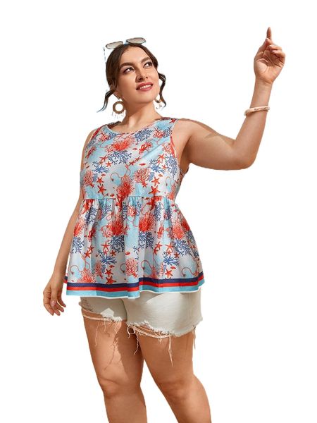 

plus all over print peplum tank x95s#, Black