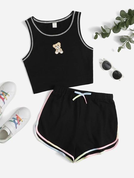 

sheen teenage girl bear print thimble vest and contrast piping shorts she, White