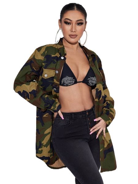

camo print button front denim coat l2uj#, Black;brown
