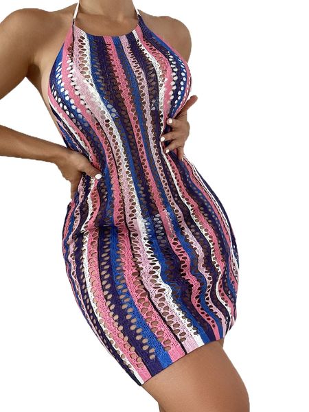 

striped hollow out cover up 90jv#, White;black