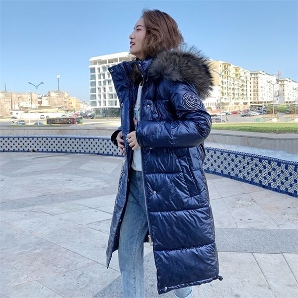 Giacca invernale dell'arrivo donne con cappuccio con cappuccio di pelliccia in pelliccia Outwear Long Coat Shining Warm Female Parka 201201