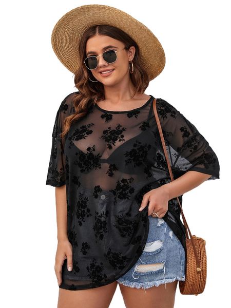 

plus floral embroidery drop shoulder mesh without bra k4fi#, Black