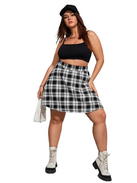 

plus plaid print a line skirt c9i9#, Black