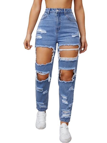 

slant pocket cut out ripped jeans x1mp#, Blue