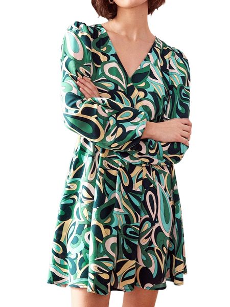 

allover print surplice neck lantern sleeve dress v4vp#, Black;gray