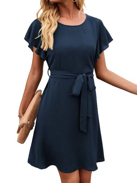 

solid butterfly sleeve belted tunic dress a0kp#, Black;gray