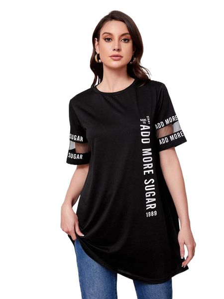 

slogan graphic mesh insert tee 60br#, White
