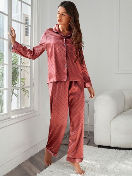 

jacquard contrast piping satin pj set k6ov#, Black;red