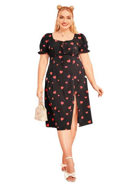 

plus tie front split hem heart print dress 889a#, Black